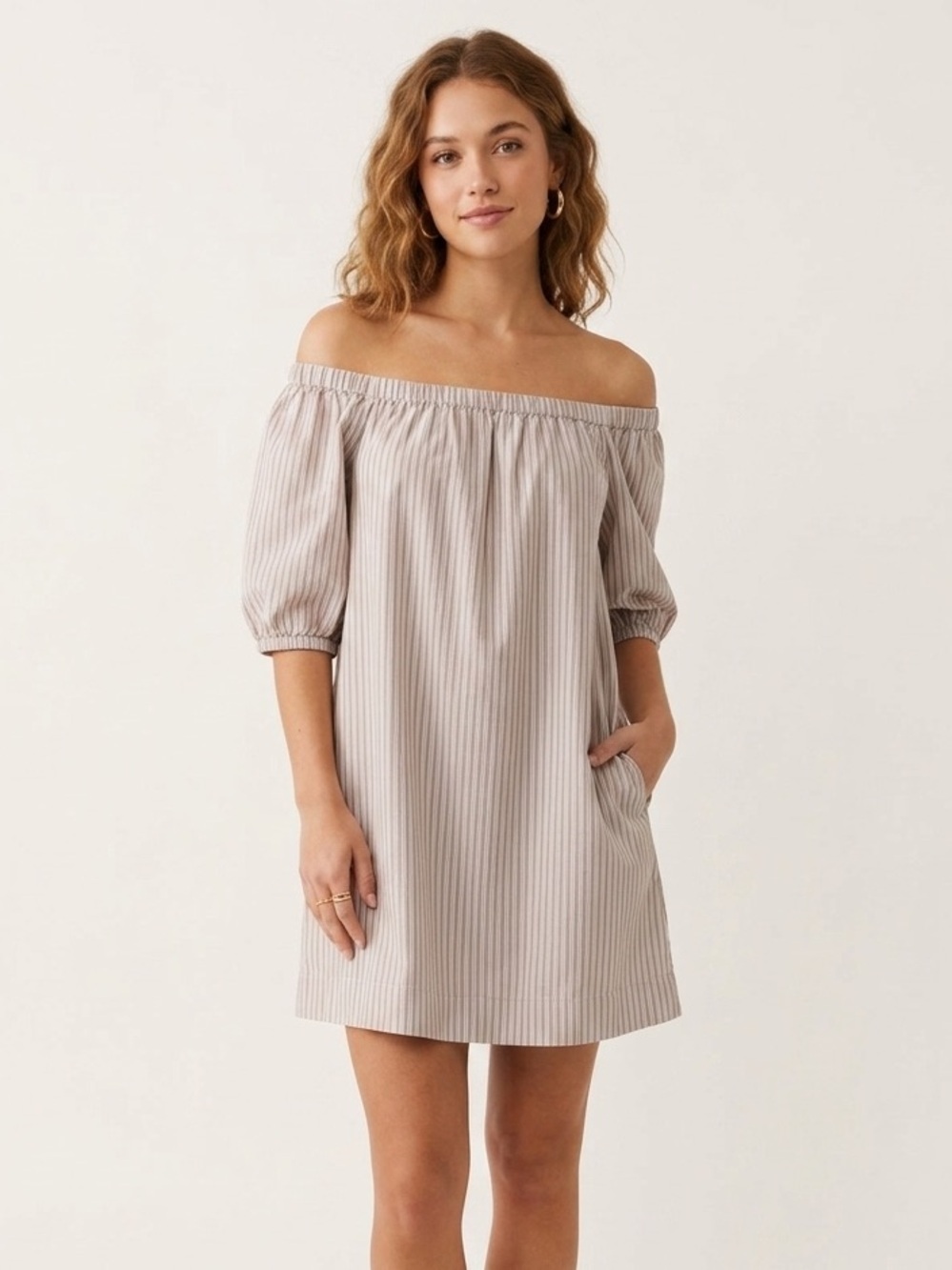 Old Navy Neutral Stripe Off-Shoulder Taupe Summer Mini Cotton Dress Size Small